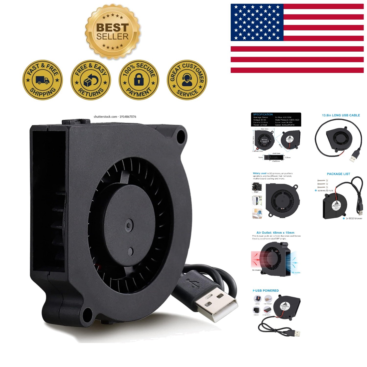 Compact 60mm Brushless DC Cooling Fan with 3 Speed Settings - USB Powered