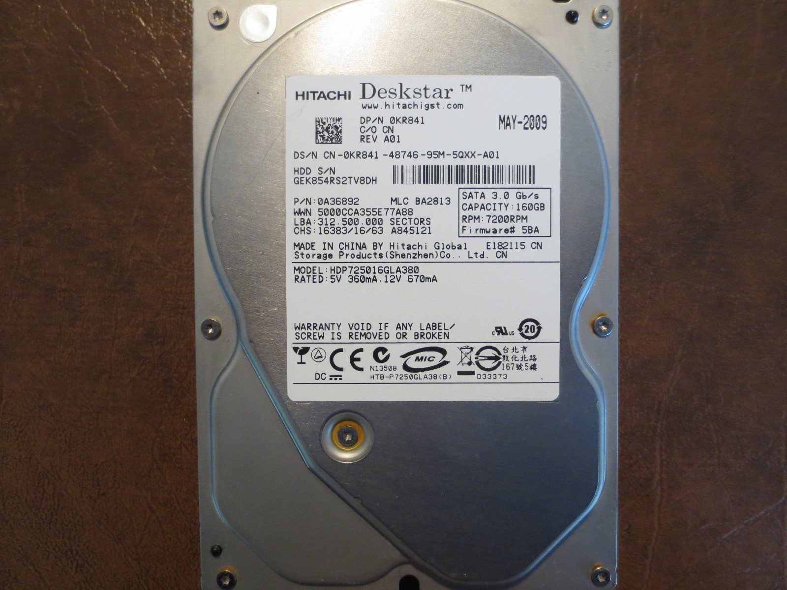 Hitachi HDP725016GLA380 PN:0A36892 MLC:BA2813 FW:5BA 160gb 3.5" Sata Hard Drive 