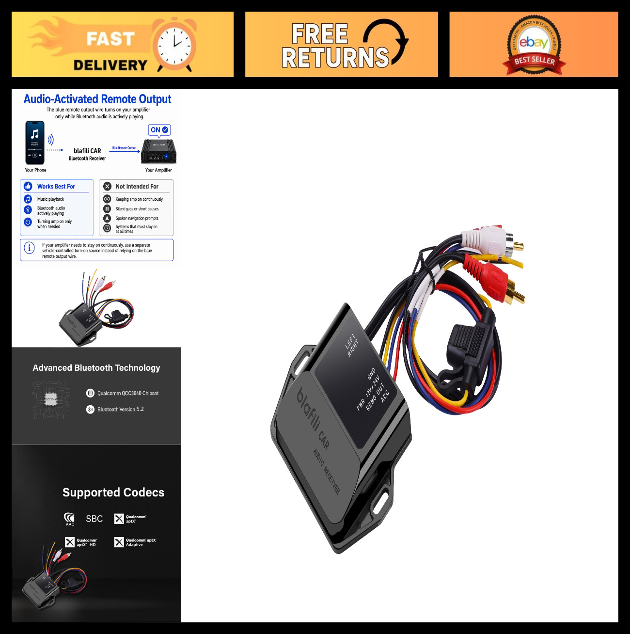 Bluetooth 5.2 Car Receiver with RCA Output, aptX Adaptive HD, 12V/24V Compatible