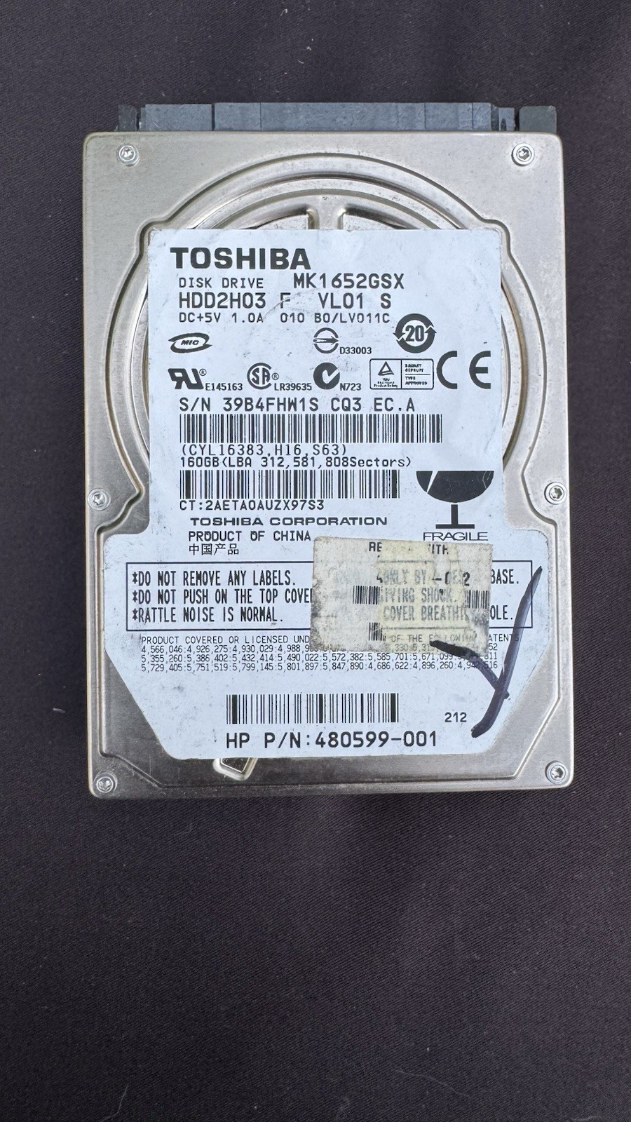 Toshiba MK1652GSX 160GB 2.5” SATA Hard Drive – Tested Working (HP 480599-001)