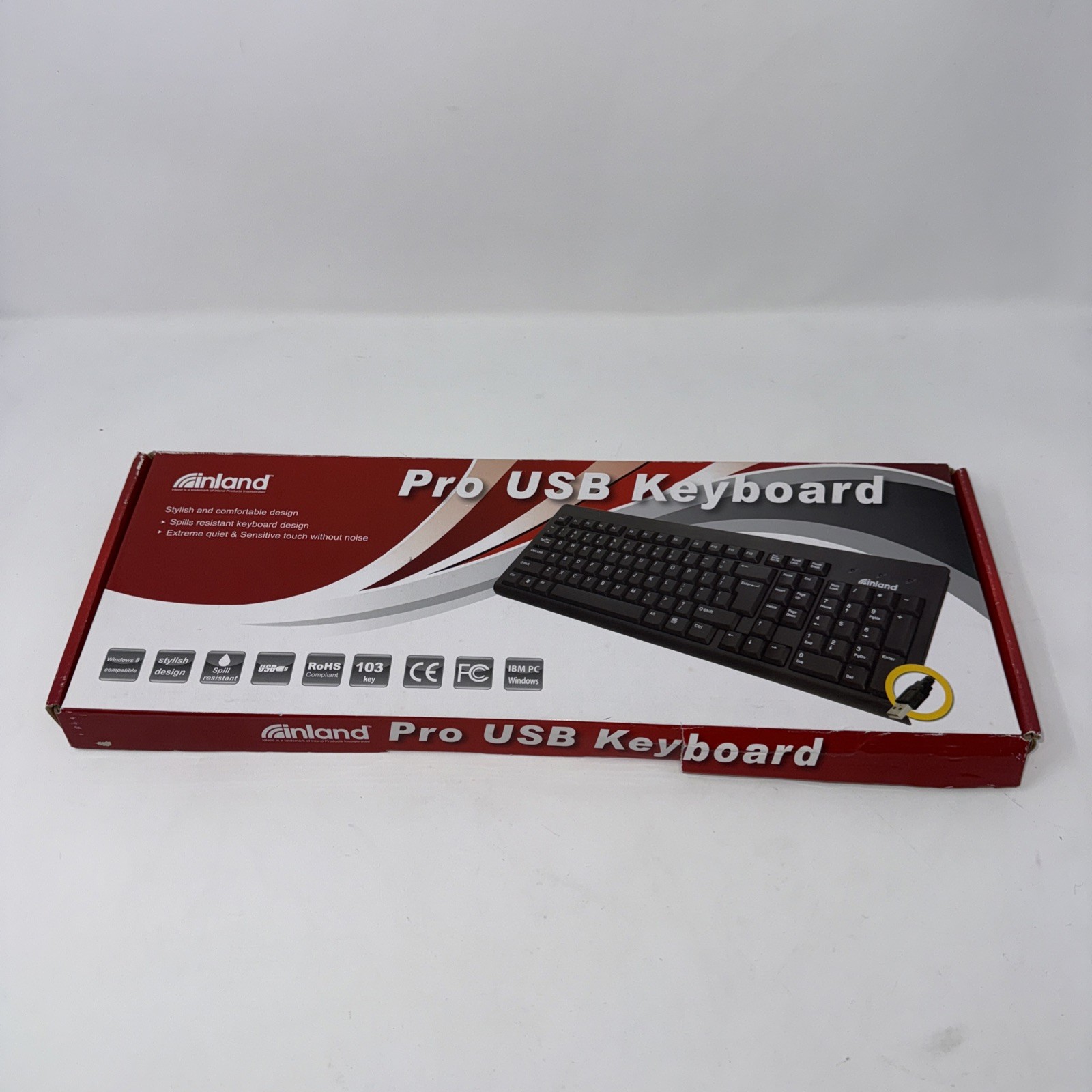 Inland Pro USB Keyboard 70008 QUIET 103 Key IBM PC Windows Compatible New Open