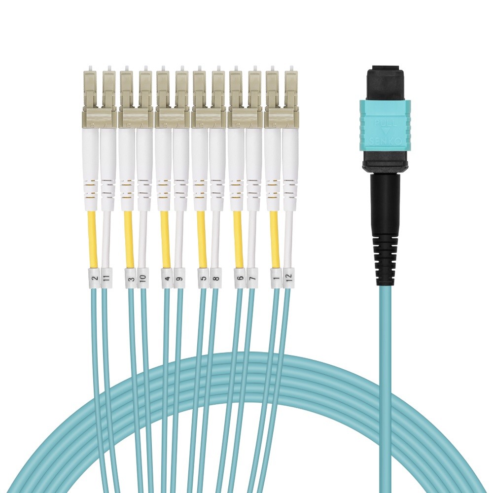 10 Pack of 5m MPO OM4 to 12-Fiber to 6-LC Duplex Breakout Aqua OFNR