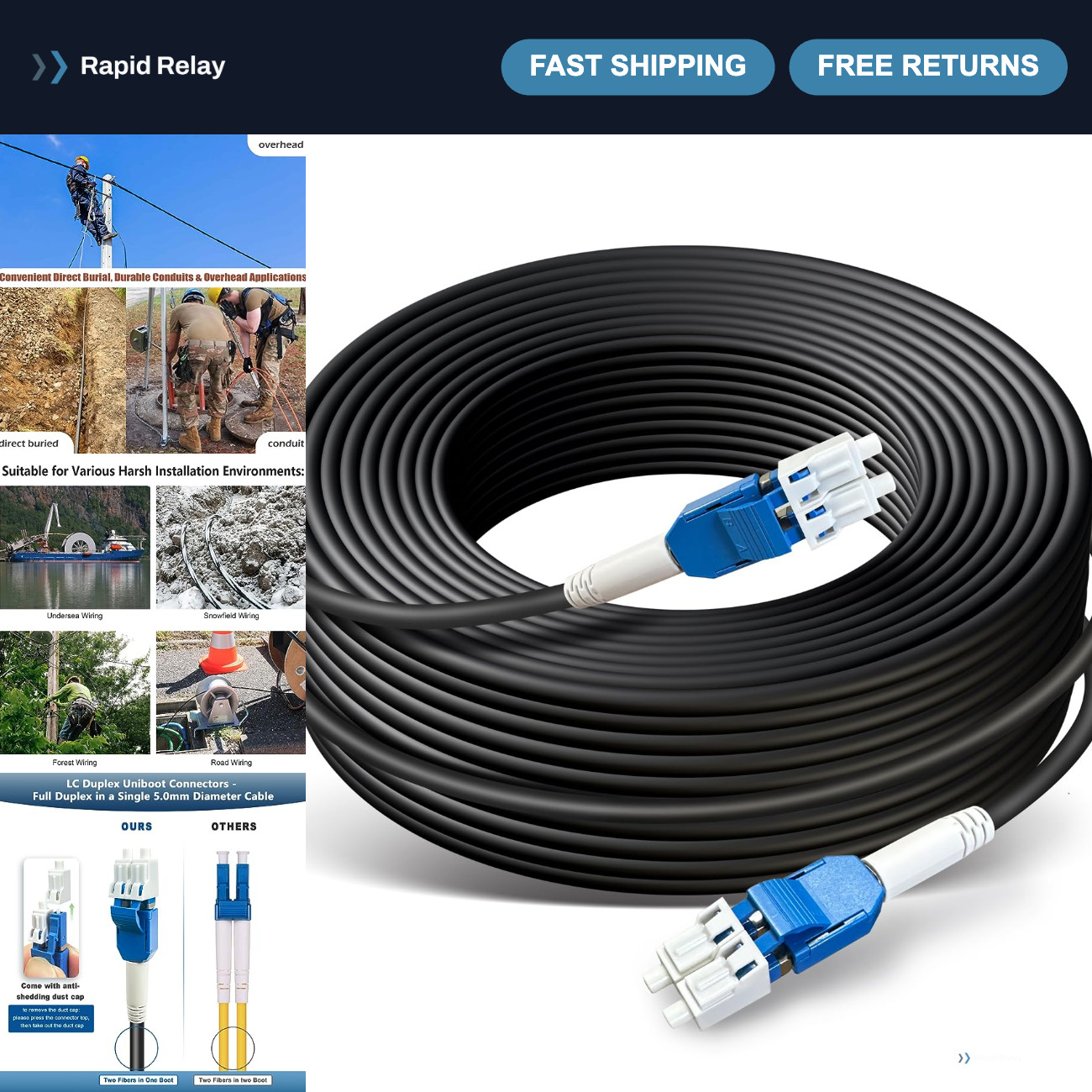 50ft Outdoor Armored Fiber Cable, 15m TPU LC to LC, Industrial Strength, OD-5mm
