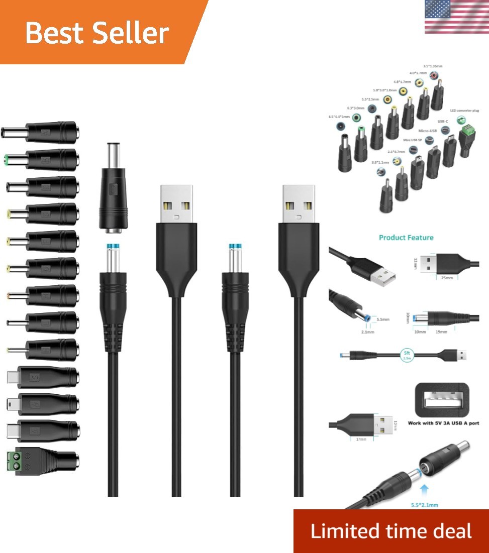 5V USB A to DC 5.5 2.1mm Barrel Jack Power Cord Kit for 5V 3A 2A Devices