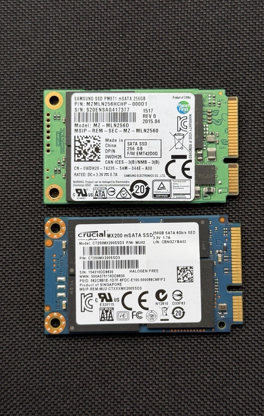 Lot of 2 mSATA SSD Samsung PM871 256GB + Crucial MX200 250GB SATA 6Gb/s