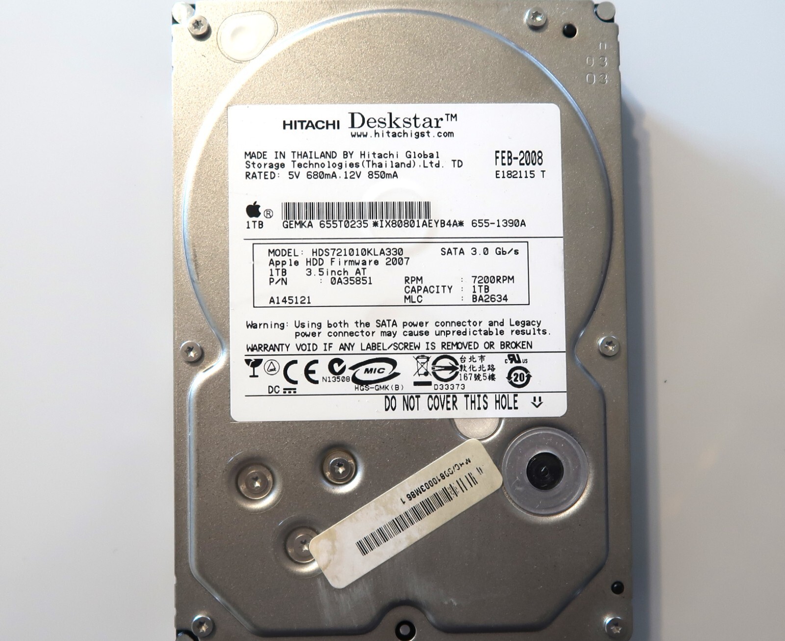 Hitachi HDS721010KLA330 0A35851 BA2634 655-1390A Thailand 1.0TB Sata FEB-2008