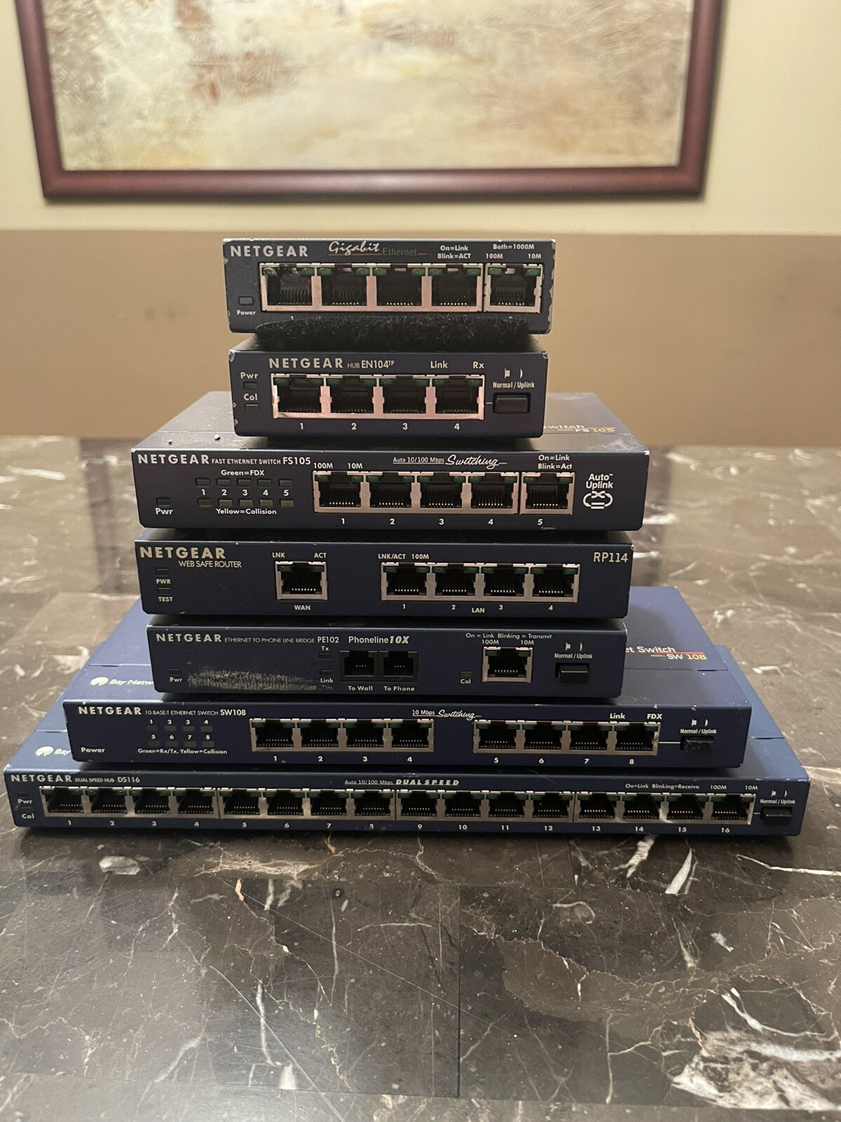 NETGEAR LOT 7 GIGABIT INTERNET SWITCH MODEL DS116 SW108 PE102 RP114 FS105 GS105