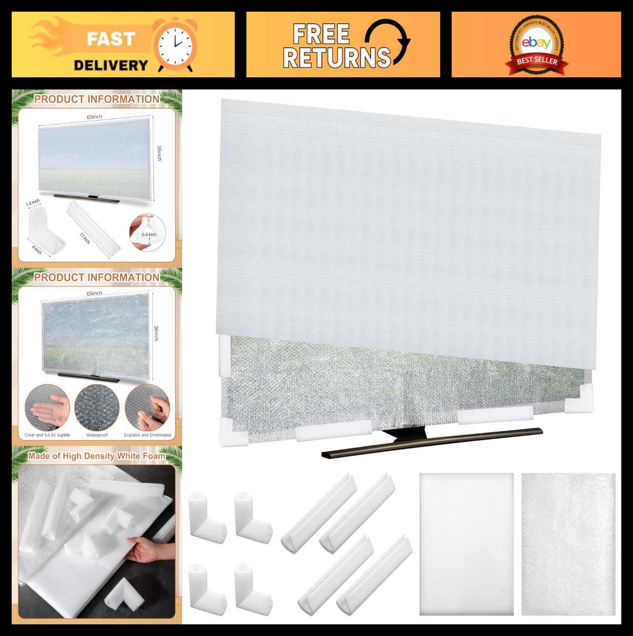 Cushioning Foam Set - 10 Pcs Flat Screen TV Cover & 8 Corner Edge Protectors, Fi