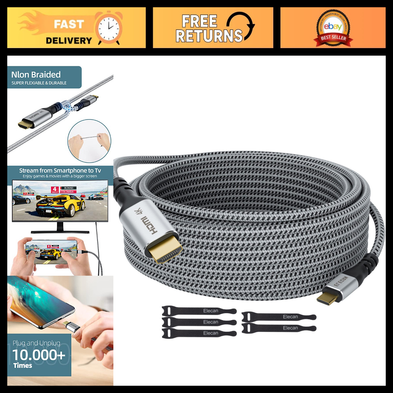 20FT USB C to HDMI Cable 4K 60Hz High-Speed Braided Cord, Thunderbolt 3 Compatib