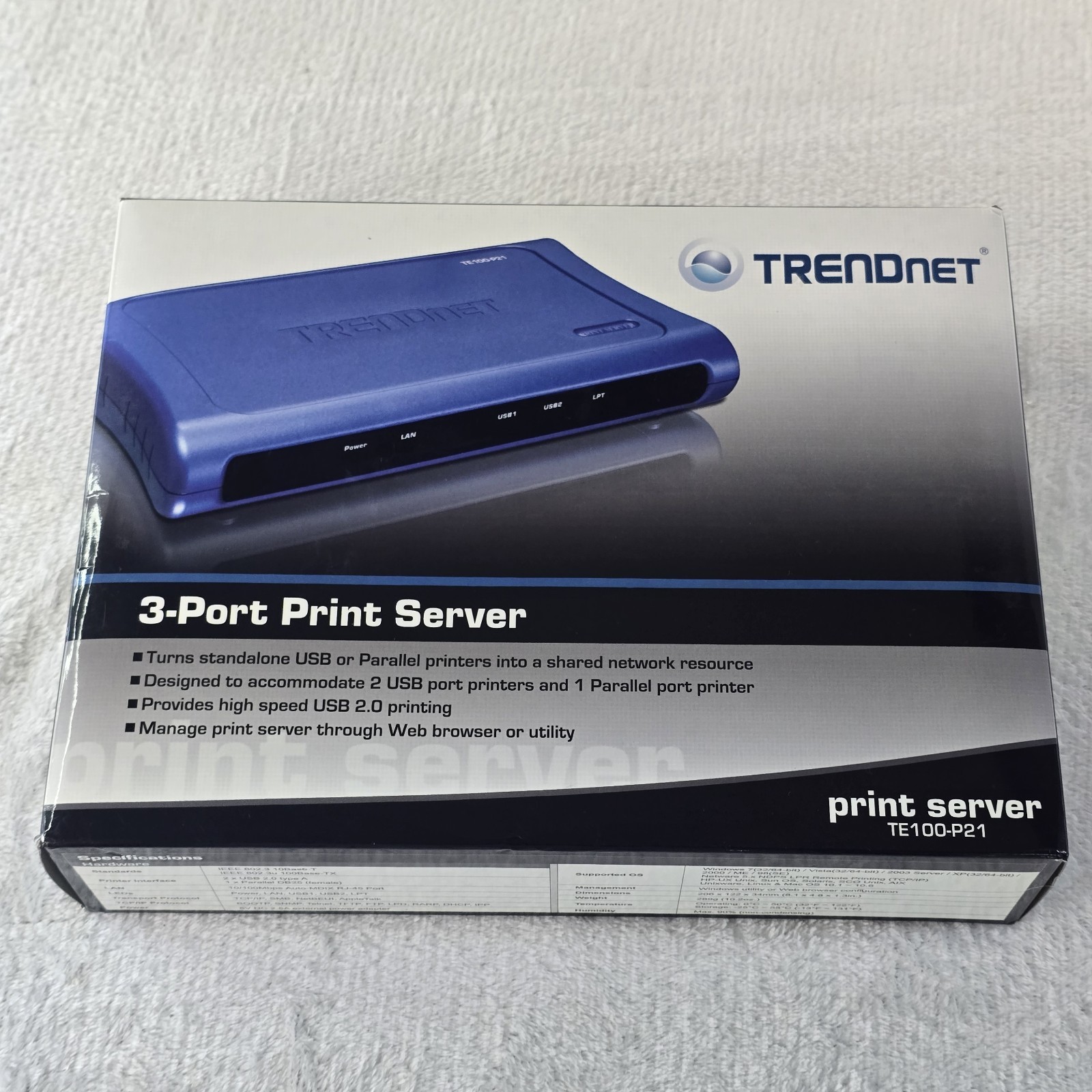 NEW Trendnet 3 Port Print Server TE100-P21 Shared Printing USB And Parallel Port