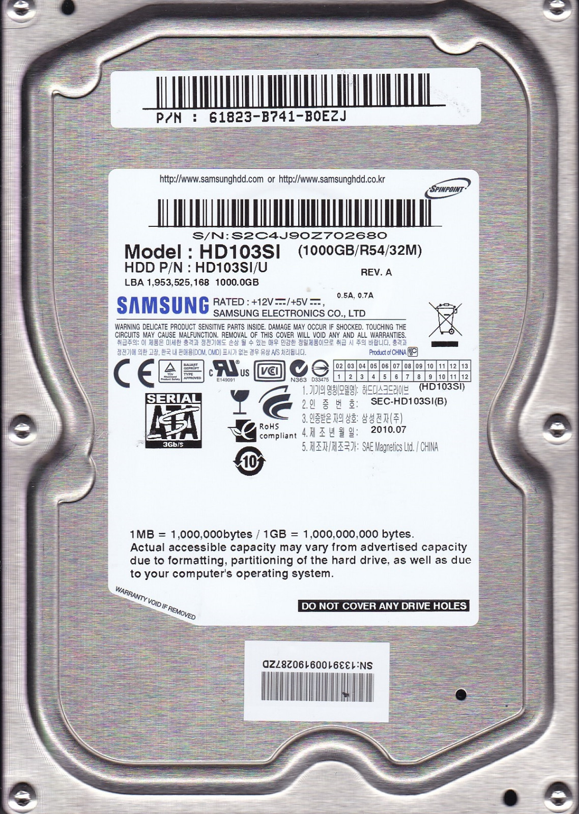 Samsung HD103SI pn: HD103SI/U 61823-B741-BOEZJ 1AG01118 1TB 2.5" SATA A12-12
