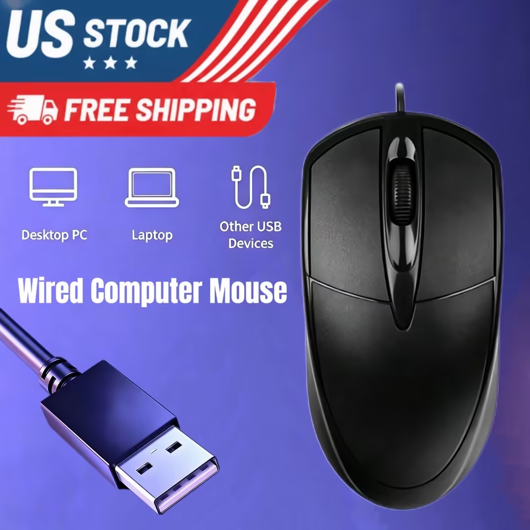 1 PCS Black Wired Mouse 3Button Corded USB Home Office Noiseless Laptops PCs for