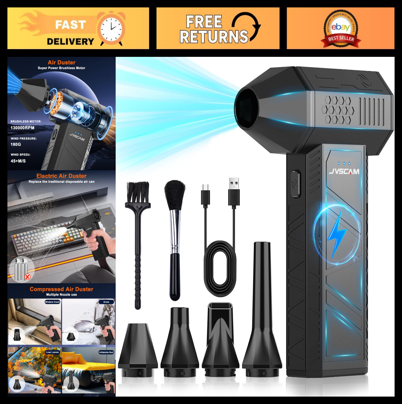 High-Power Compressed Air Duster 130,000 RPM - Brushless Motor Air Blower Cleane
