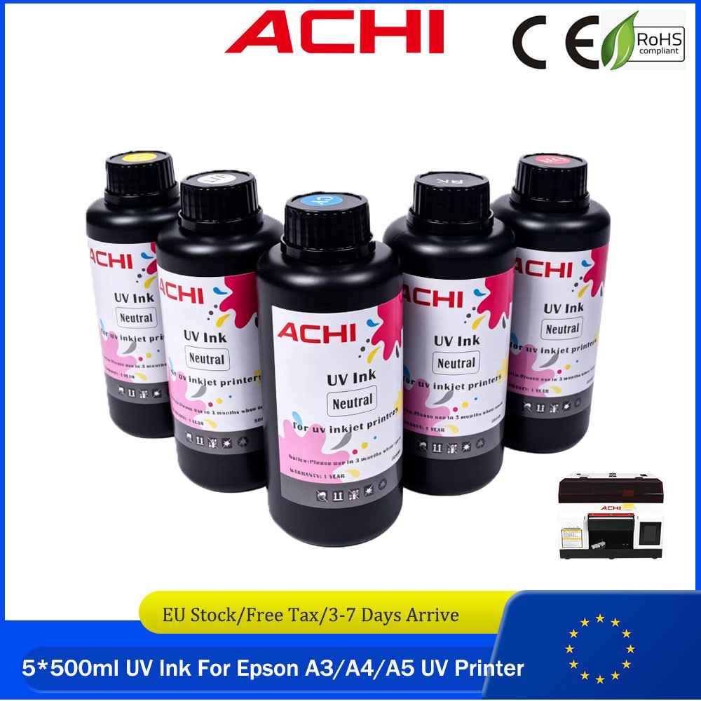ACHI 5*500ml UV INK For Epson A3 A4 A5 UV Printer CMYKW Neutral Ink EU Stock