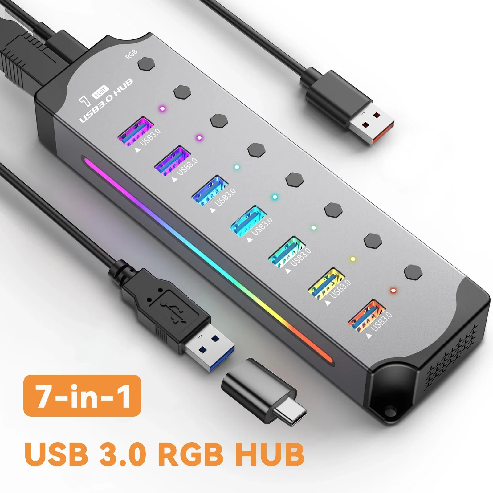 7-in-1 USB 3.0 Hub with Individual Switches & RGB Aluminum Housing