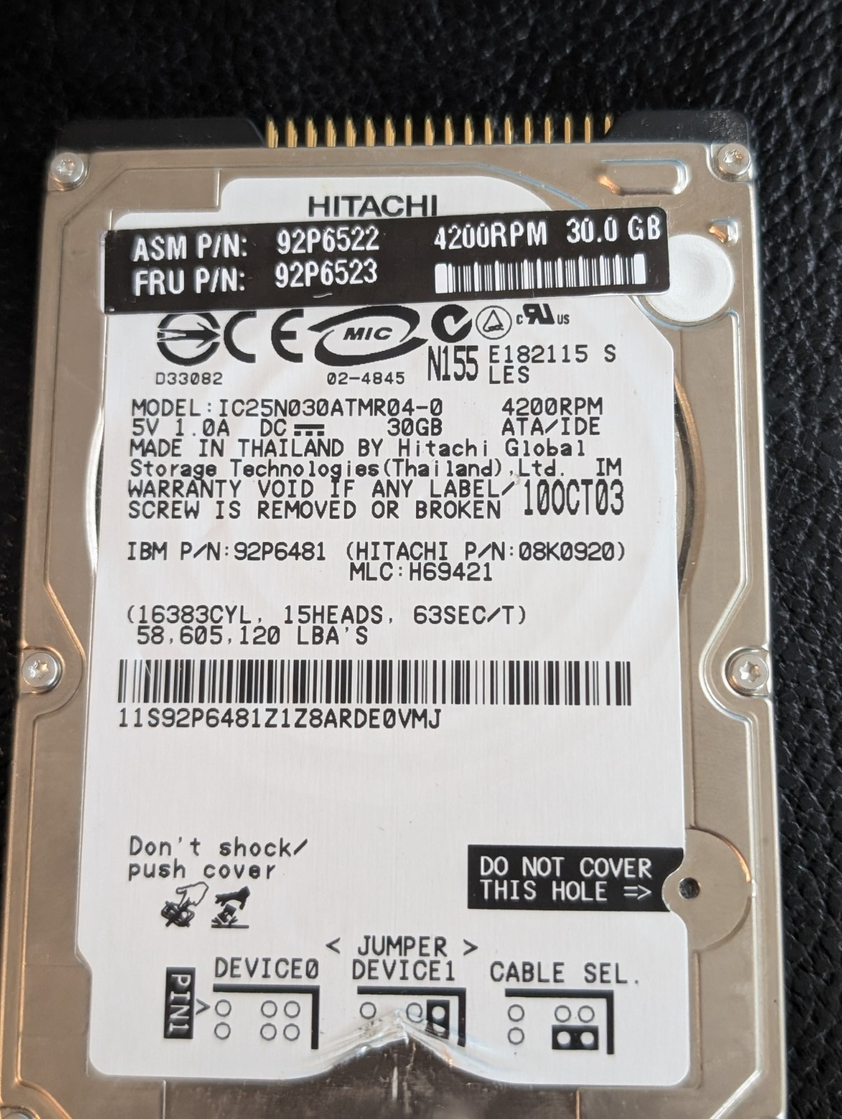 30GB Hitachi 92P6591 IC25N030ATMR04-0 Travelstar Hard Drive 13G1815 IDE PATA IBM