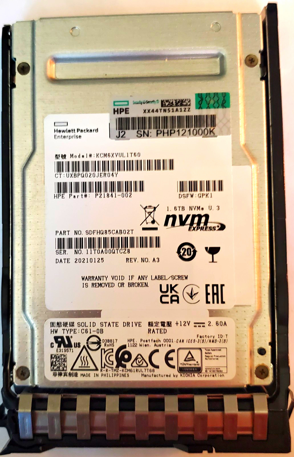 HPE P21841-002 Kiokia KCM6XVUL1T60 1.6TB SSD 2.5in NVMe U.3 