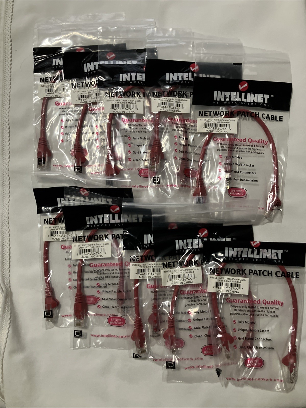 10-PACK Intellinet 1ft CAT5e UTP Ethernet RJ45 Full 8-Wire Patch Cable, Red, New
