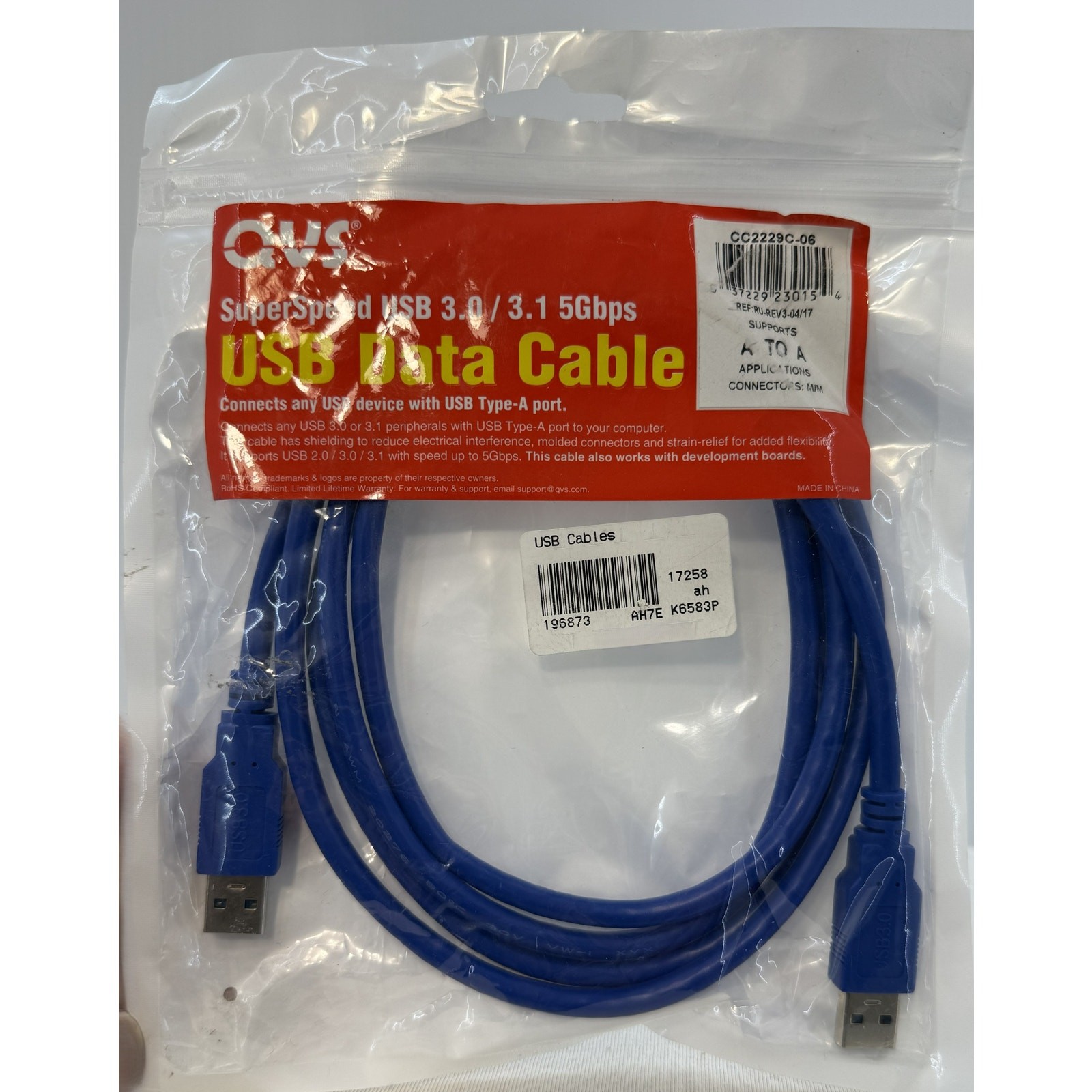 QVS CC2229C-06 6ft USB 3.0/3.1 Type A Male to Male 5Gbps Blue Cable