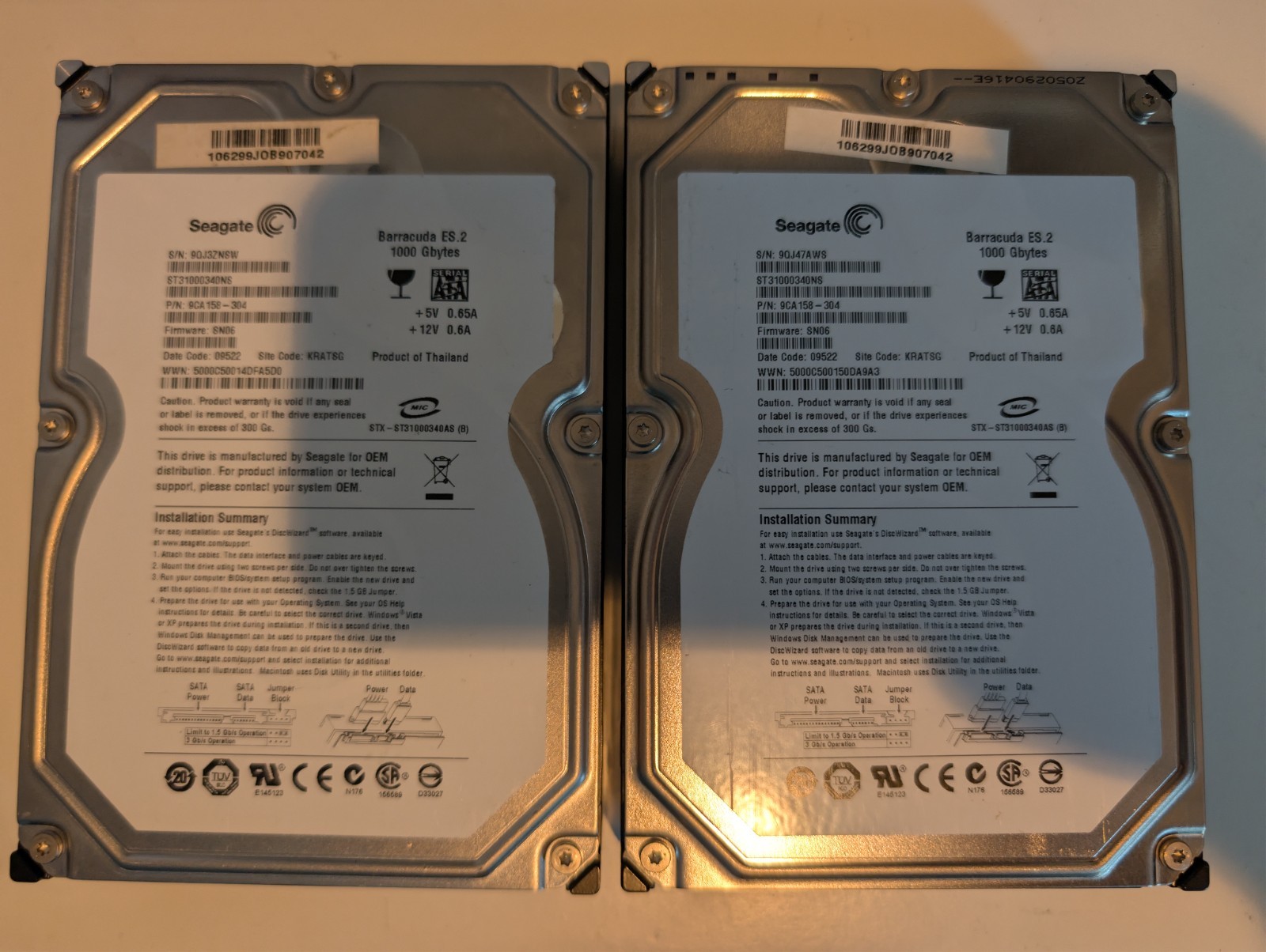 SEAGATE Lot of (2) ST31000340NS BARRACUDA ES.2 - 1 TB, TESTED & CLEANED