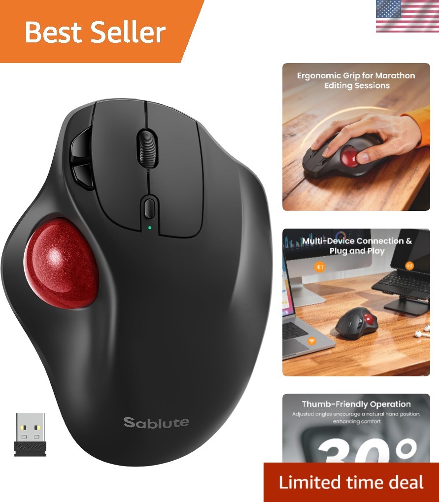 Wireless Trackball Mouse, Rechargeable Thumb Control 3 Devices - Red Ball | E...