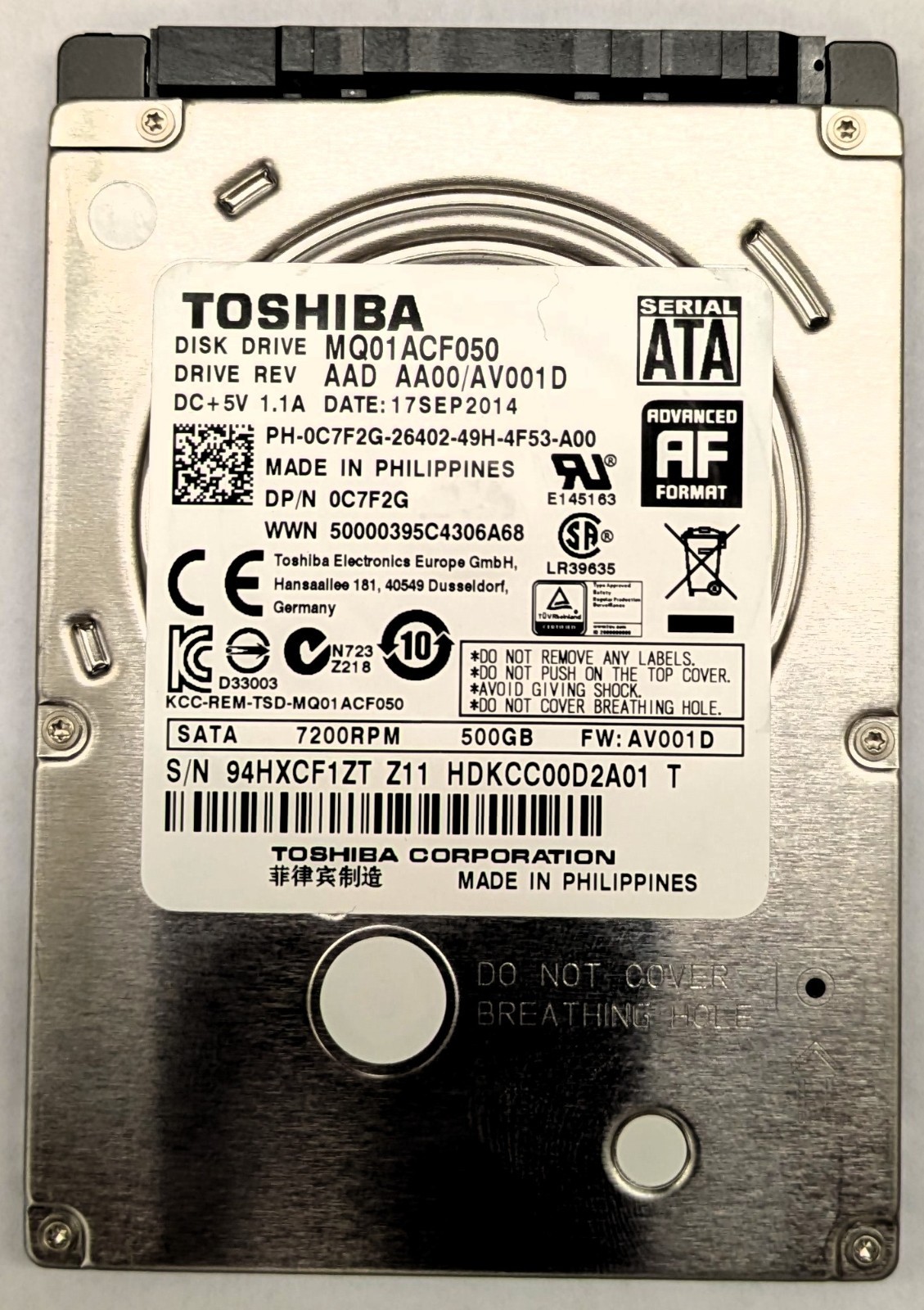 Toshiba 500GB 2.5" Laptop Hard Drive 7200RPM SATA 6Gb/s 7mm MQ01ACF050