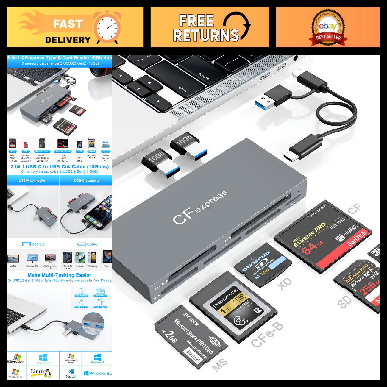 8-in-1 CFexpress Type B Card Reader Hub, 10Gbps USB3.2, Read 6 Cards + 2 USB Por
