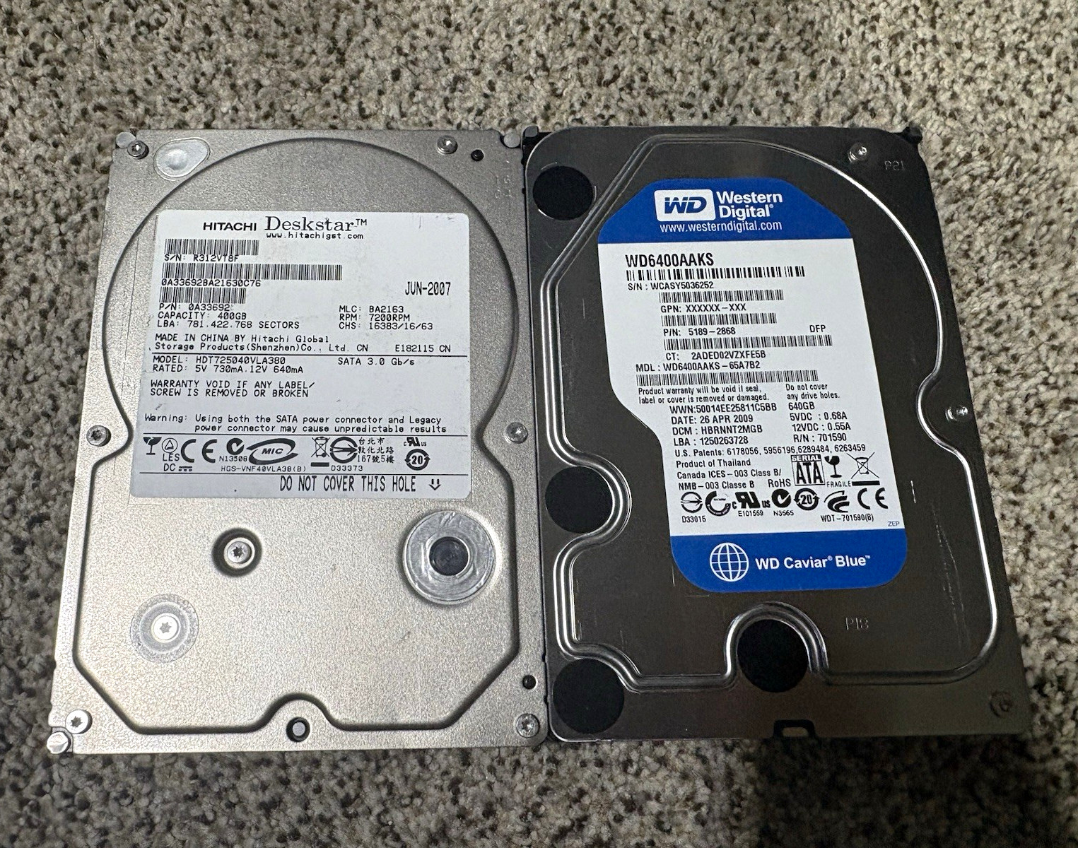 Lot of 2 400GB & 640GB 7200RPM SATA 3.5” Hard Drives - Tested Formatted  & Works
