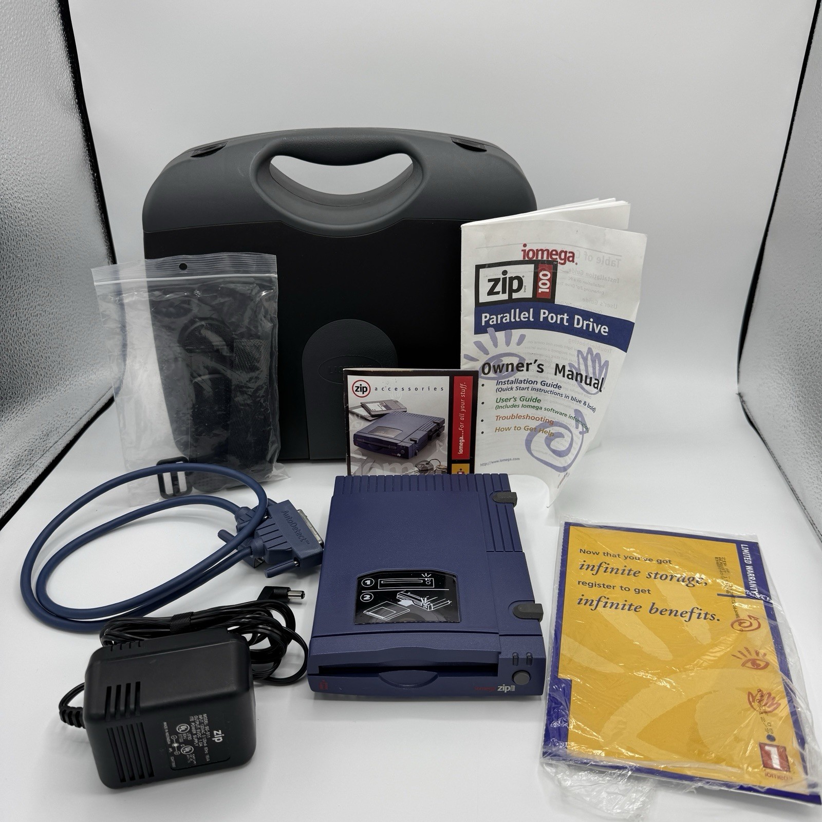 iomega Zip 100 Parallel Port Drive Blue With Storage / Carry Case & Cords