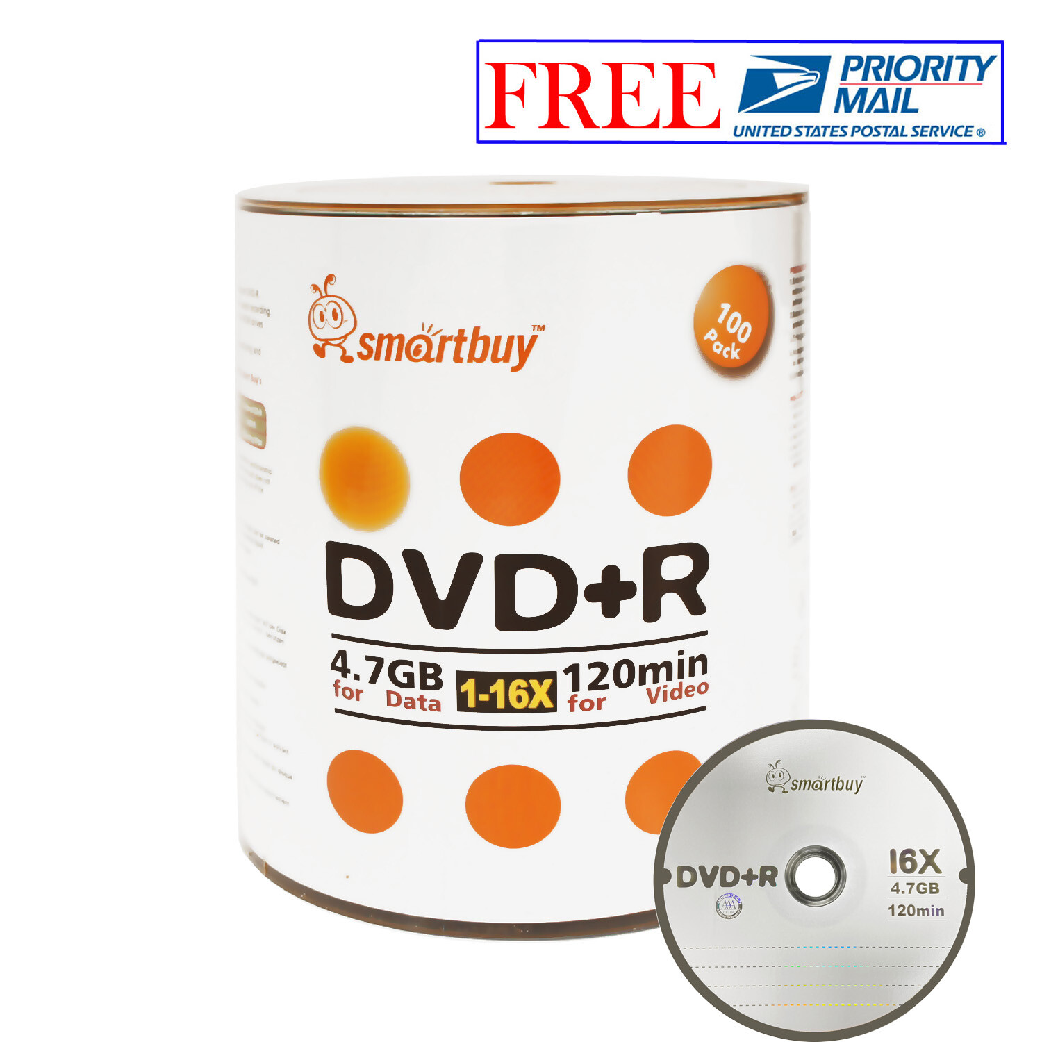100 Pack Smartbuy 16X DVD+R DVDR 4.7GB Logo Top Data Video Blank Recordable Disc