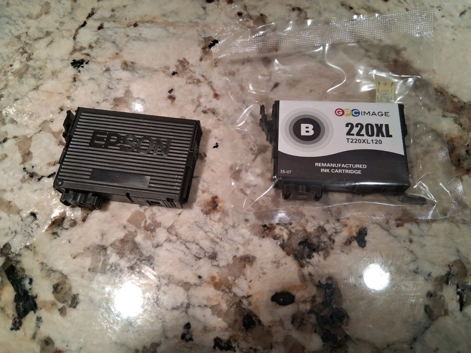 Lot of 2 220XL Black Ink Cartridges for Epson - 1 Genuine OEM + 1 GPC New