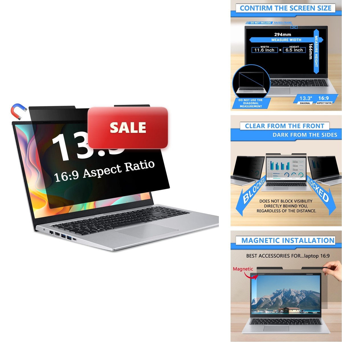 ZOEGAA Magnetic Laptop Privacy Screen 13.3 Inch 16:9 Removable Filter