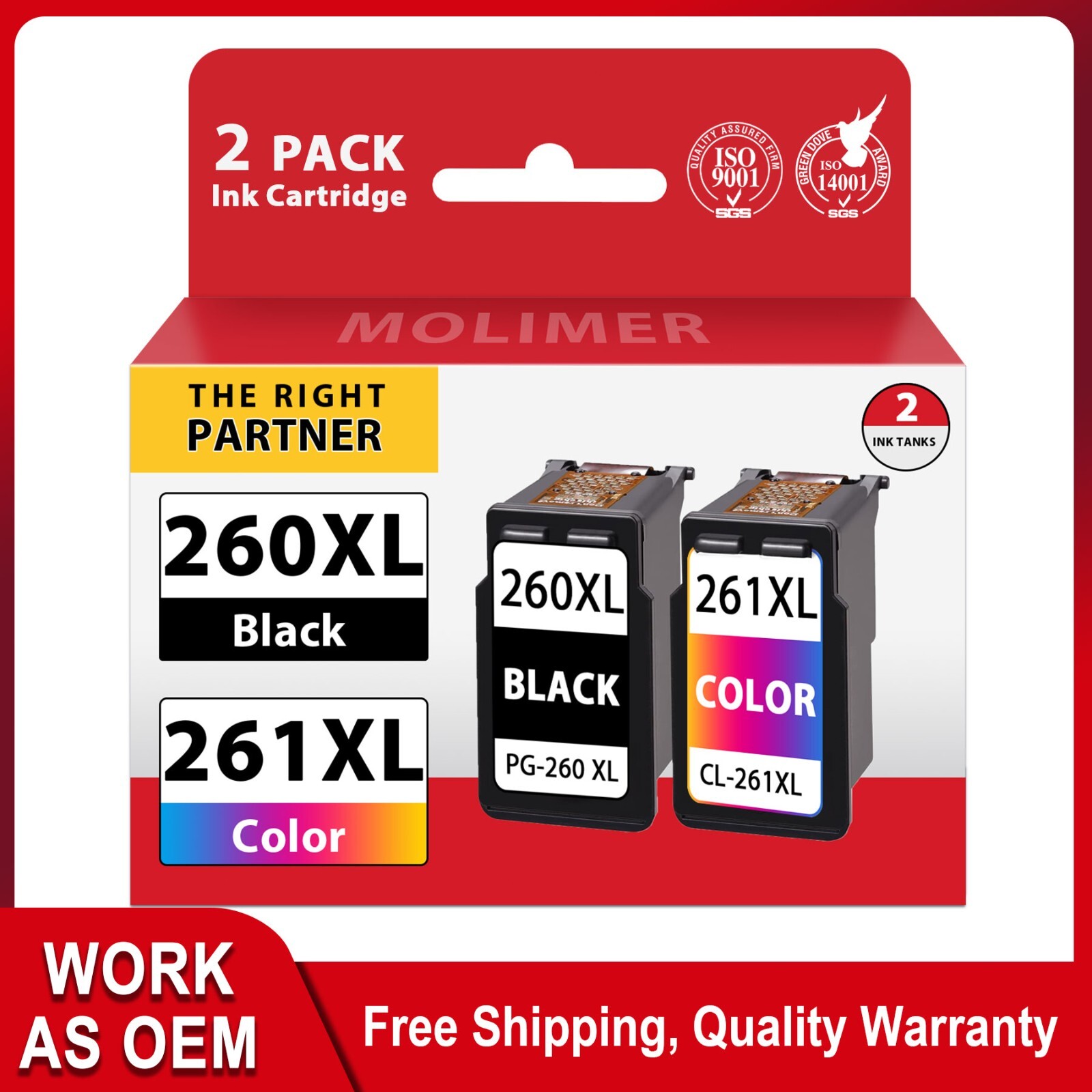 2PK 260XL 261XL Ink (1BK 1Color)  Replacement for Canon PG-260 CL-261 TS5320