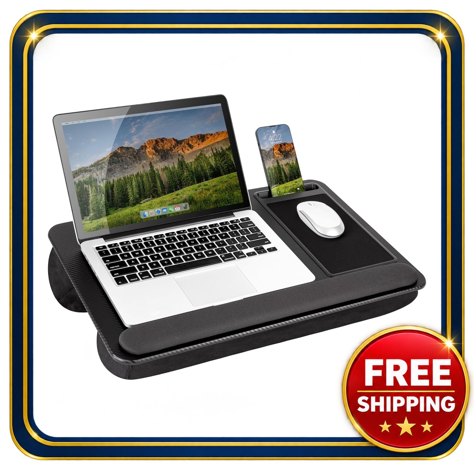 Lap Desk 21.1x14.1 inches with Mouse Pad and Phone Slot Black Carbon