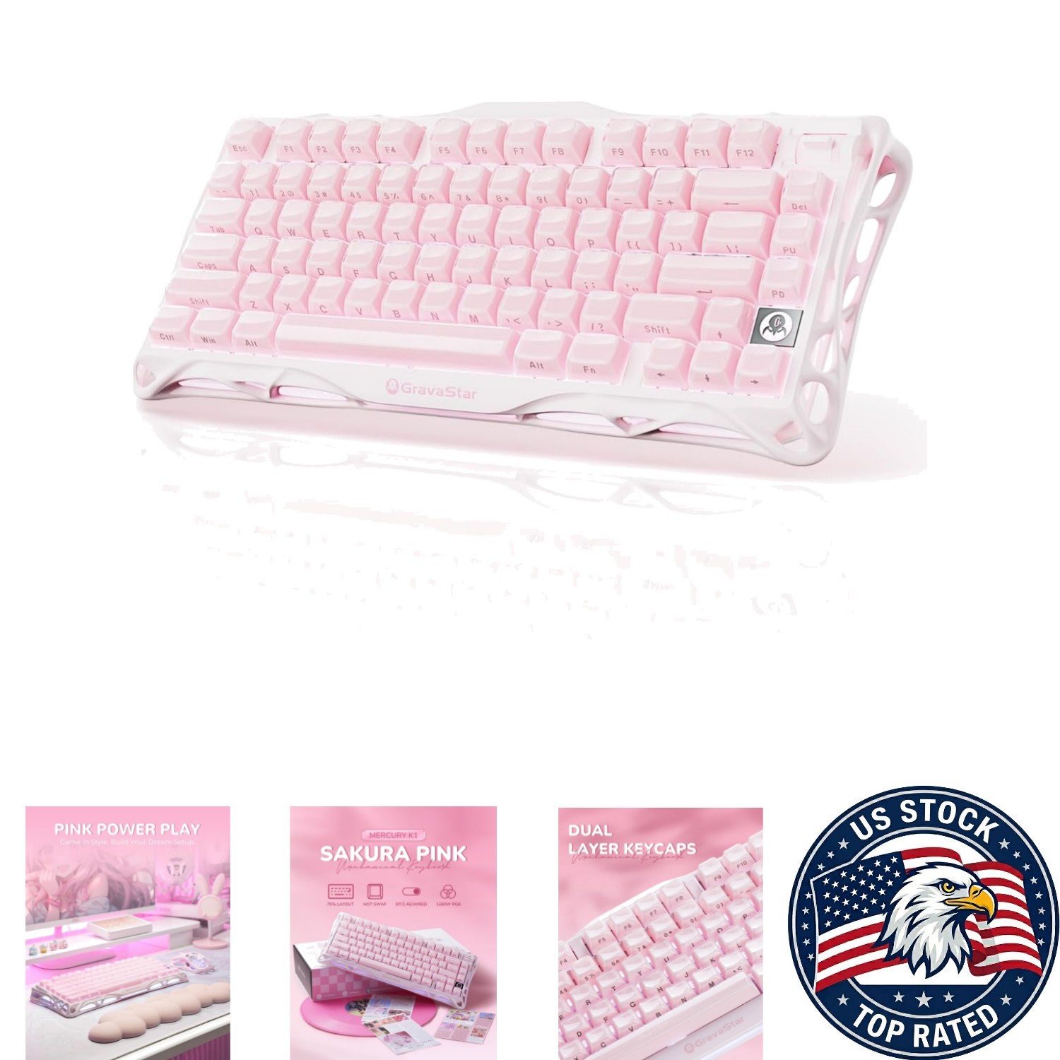 75% Compact Mercury K1 Wireless Gaming Keyboard in Sakura Pink with RGB Lighting
