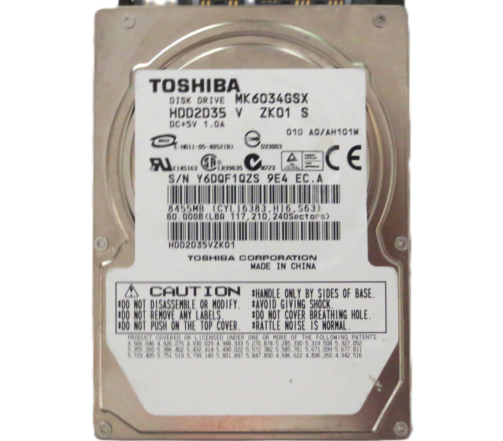 Toshiba MK6034GSX HDD2D35 V ZK01 S 010 A0/AH101M China 60gb 2.5" Sata HDD