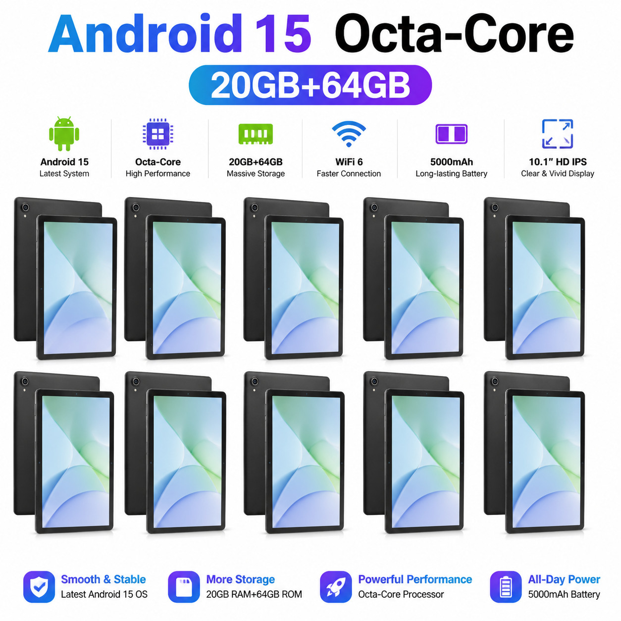 10pack 10.1” IPS Android 15 Tablet |20GB+64GB | 5MP+8MP | Wi-Fi 6 | 8-Core