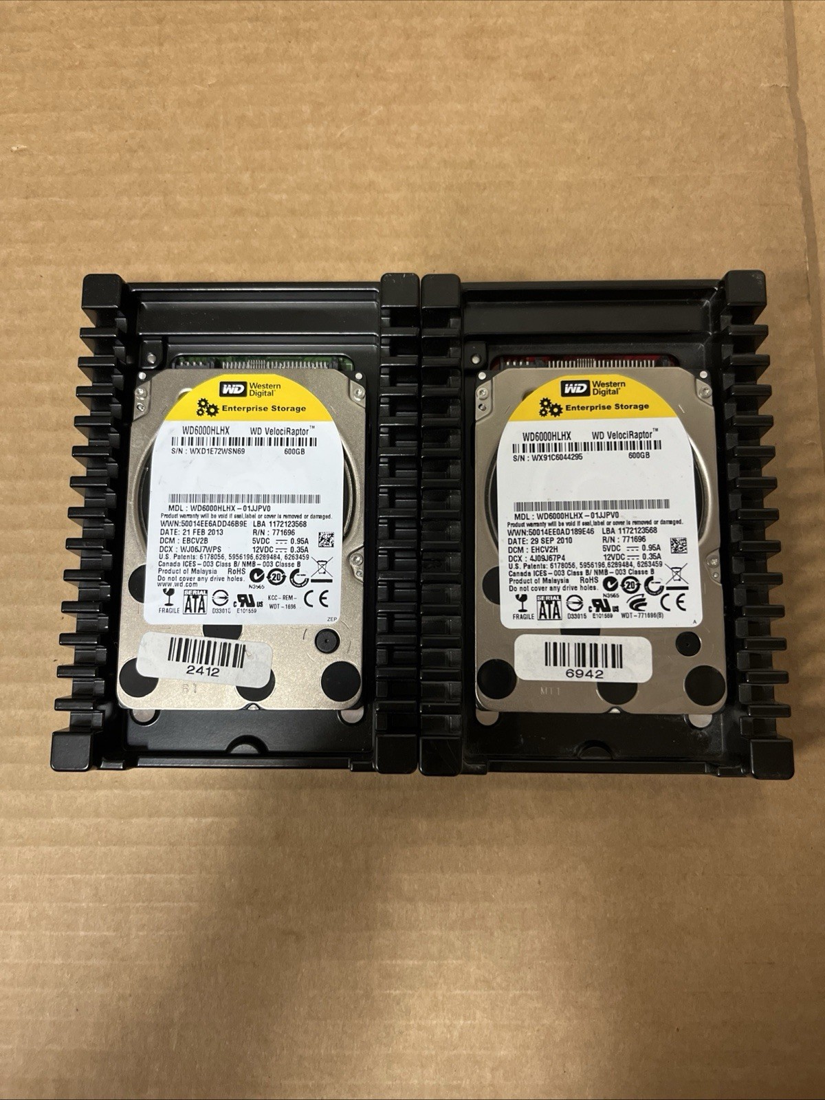 LOT Of (2) Western Digital VelociRaptor 600GB 3.5" SATA HDD WD6000HLHX-01JJPV0