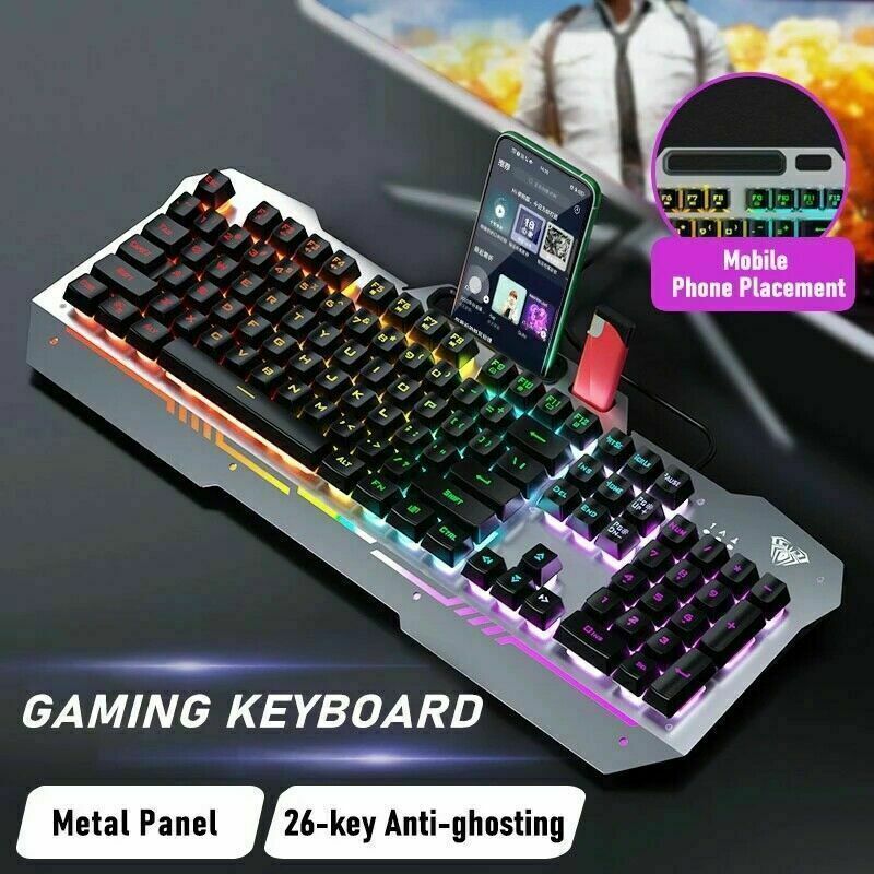 AULA F3010 Backlight Wired Gaming Keyboard 104 Keys With Phone Holder RGB