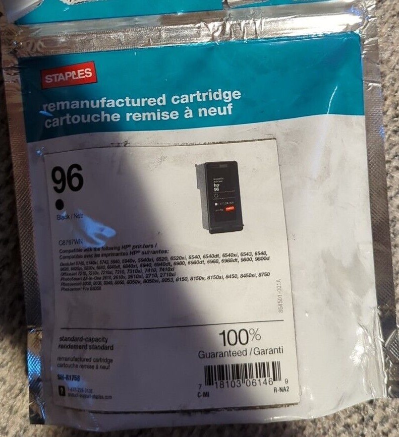New Sealed Staples HP 96 Black Ink Cartridge   C8767WN
