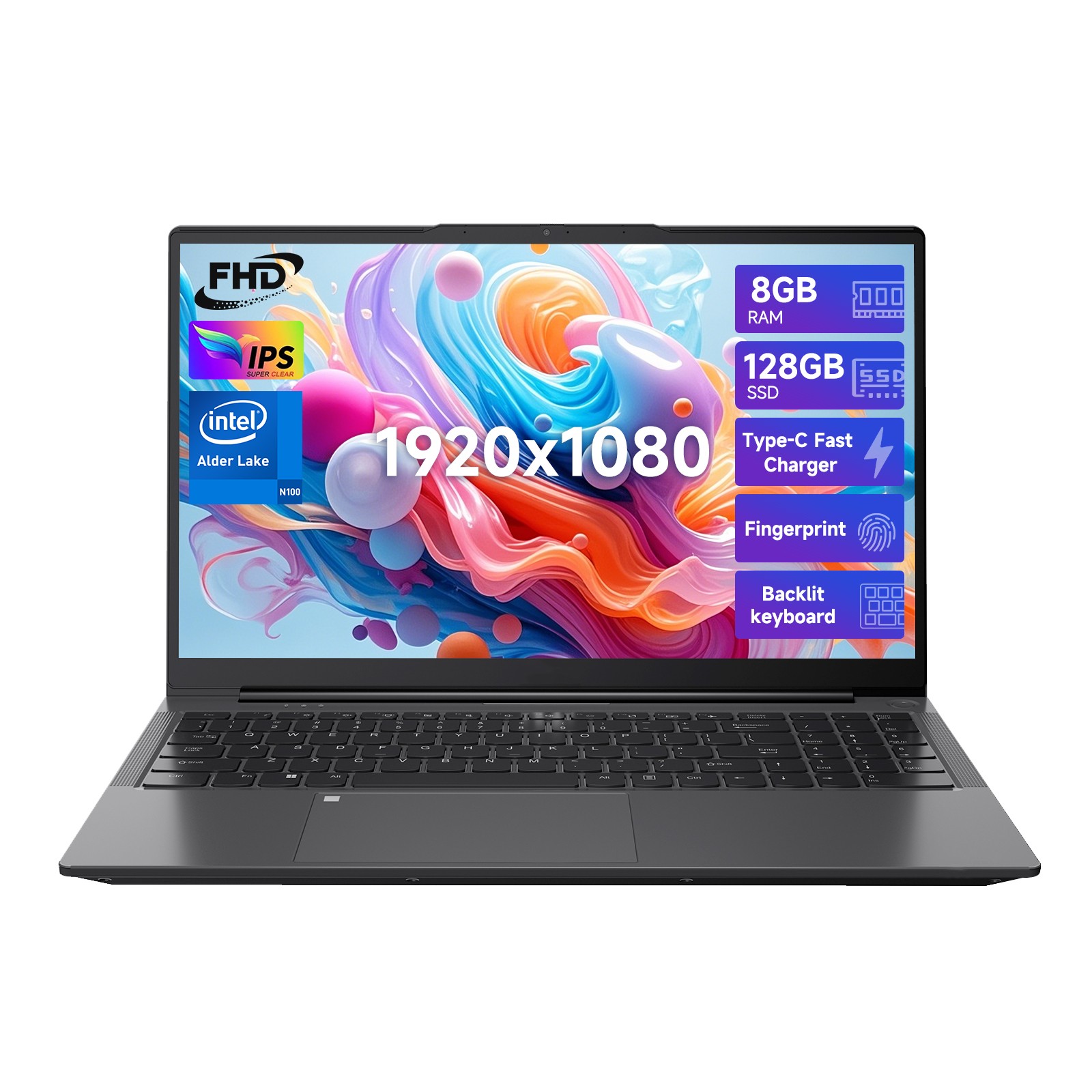 NIMO 15.6'' Student Laptop 8GB RAM 128GB SSD Intel Pentium Quad-Core Backlit KB