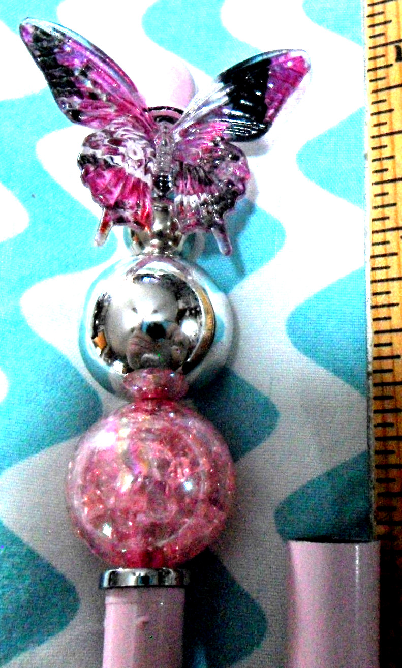 Decorated Stylus/Ballpoint Pink/Black Butterfly, Silver & Crackle sparkling bead
