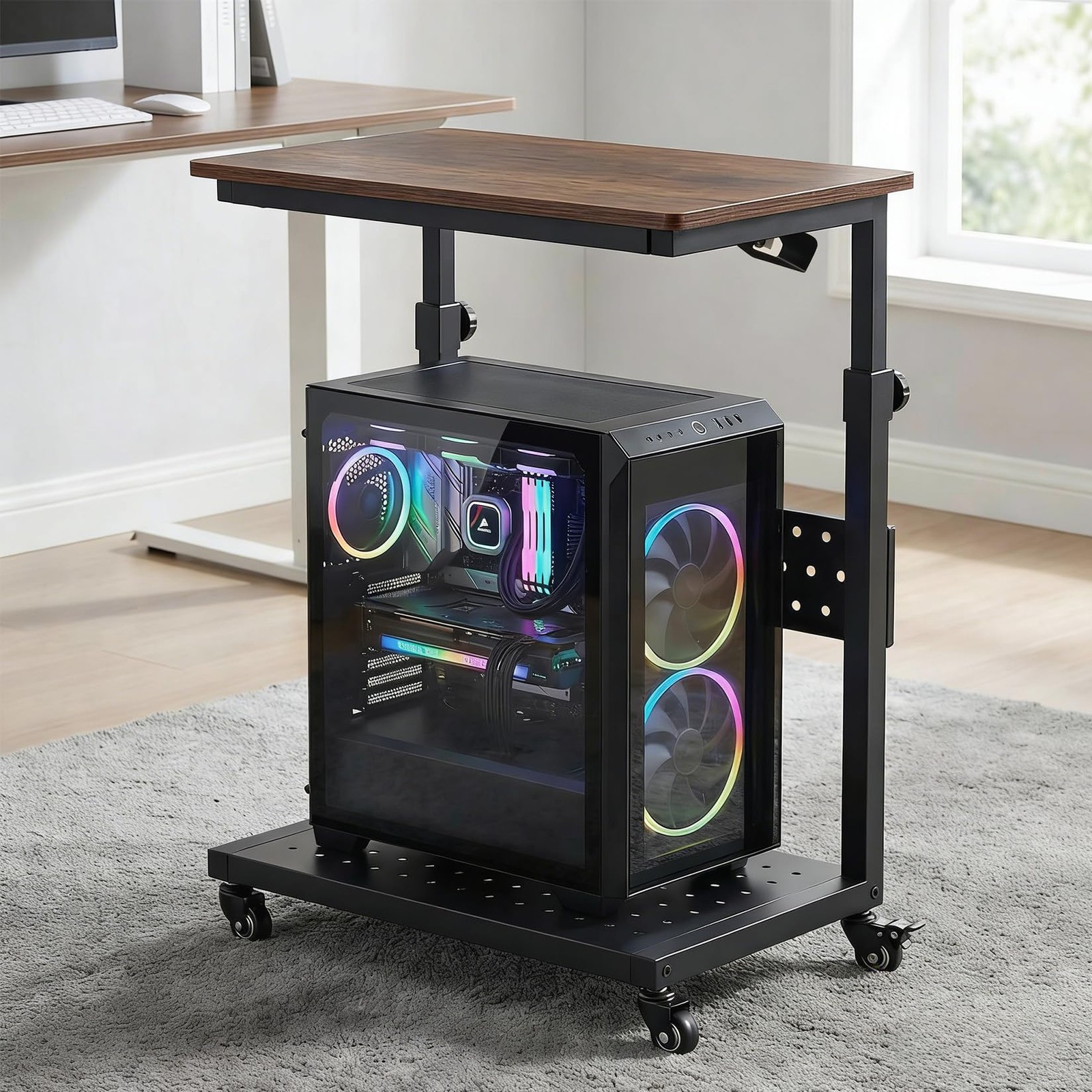 Adjustable Height Rolling Computer Stand, 2-Tier Mobile CPU Tower & Printer Cart