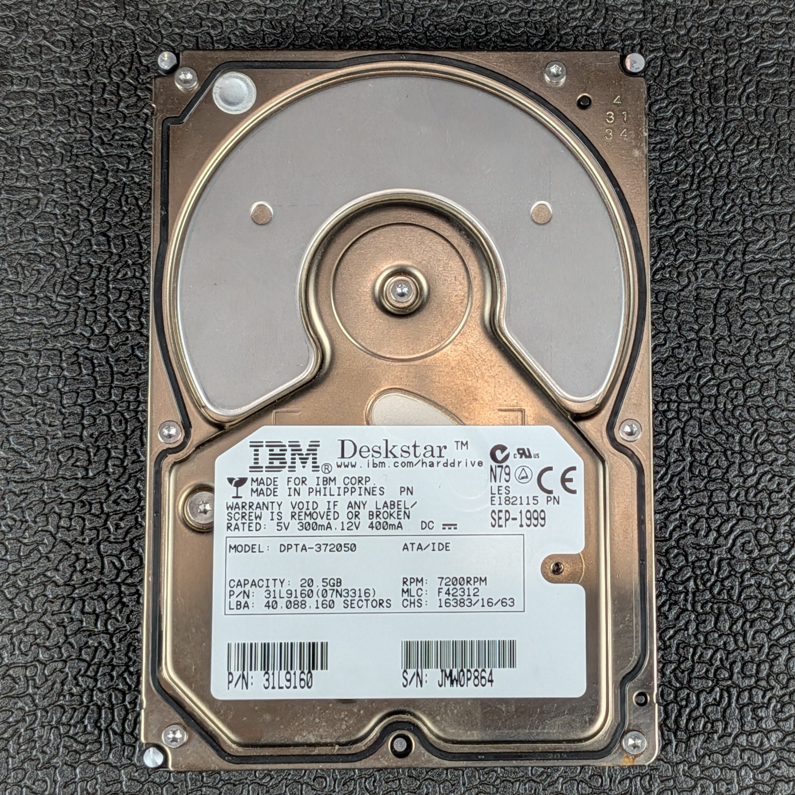 IBM Deskstar 34GXP 20.5GB 3.5" IDE Hard Drive - DPTA-372050 - TESTED