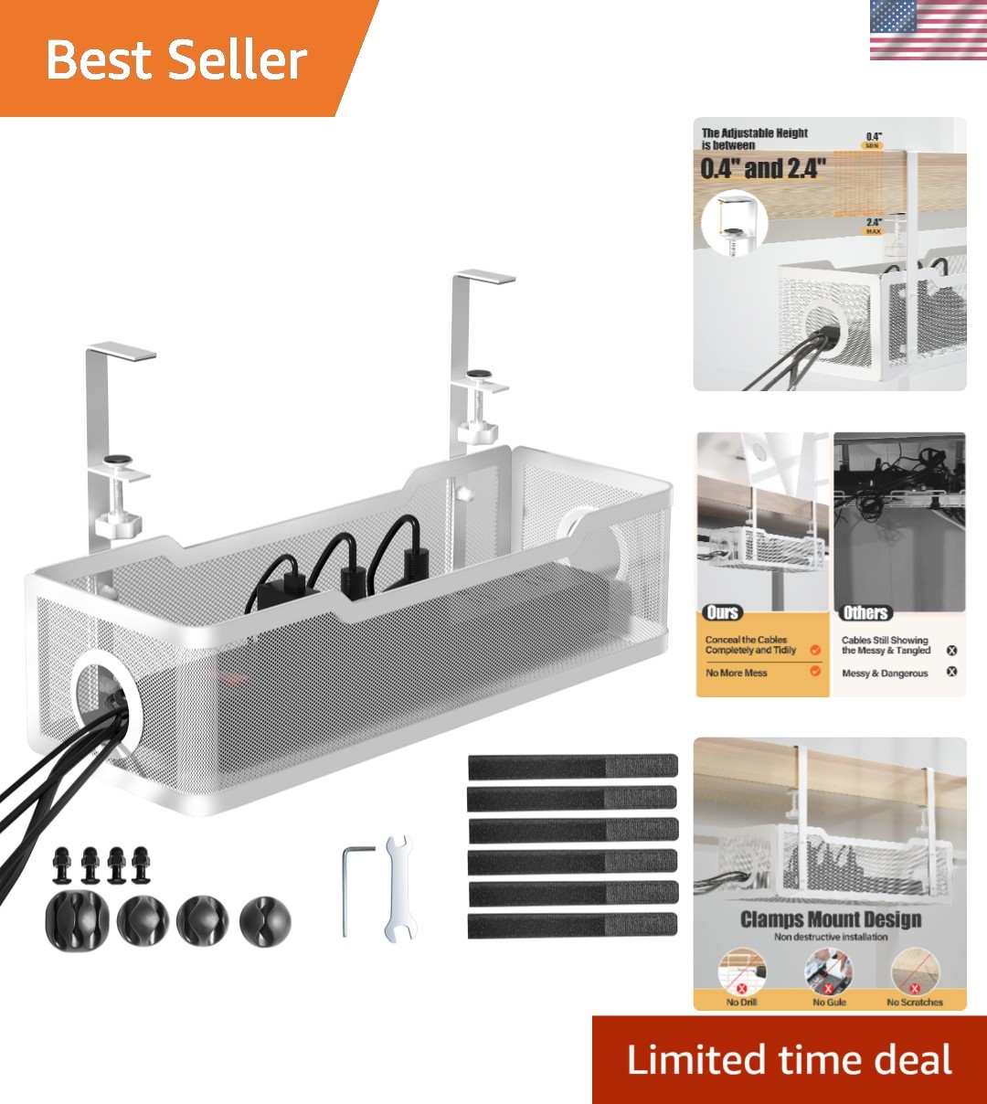 Elegant Under Desk Cable Management Tray - No Drill, Clamp Installation