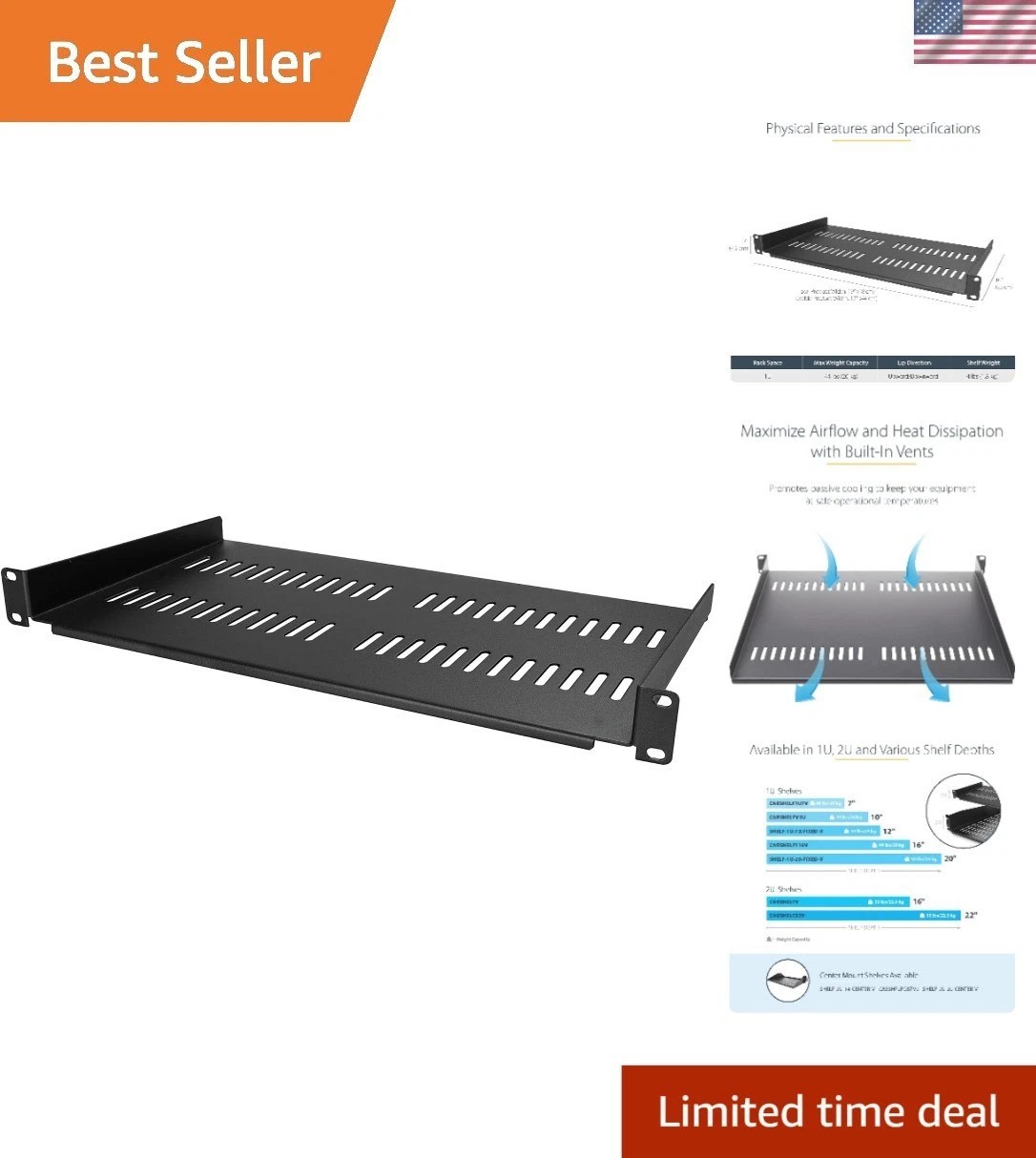 StarTech 1U Vented Rack Shelf, 10in Deep, 44lb/20kg CABSHELFV1U