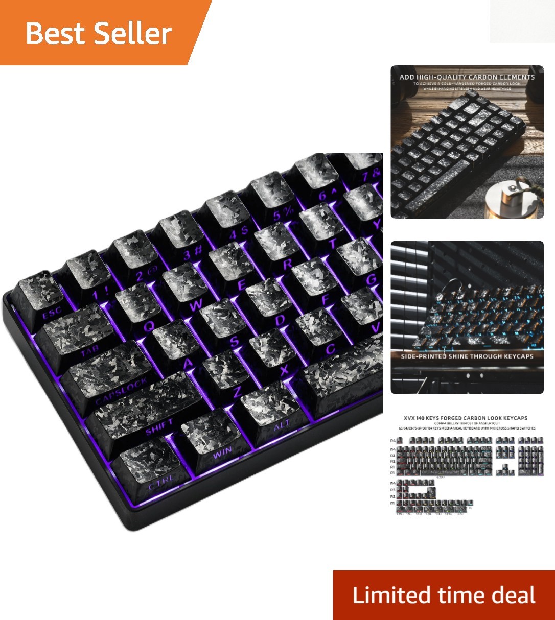XVX Black Shine Through Keycaps, Forged Carbon-Look Cherry Profile Keycap Set...