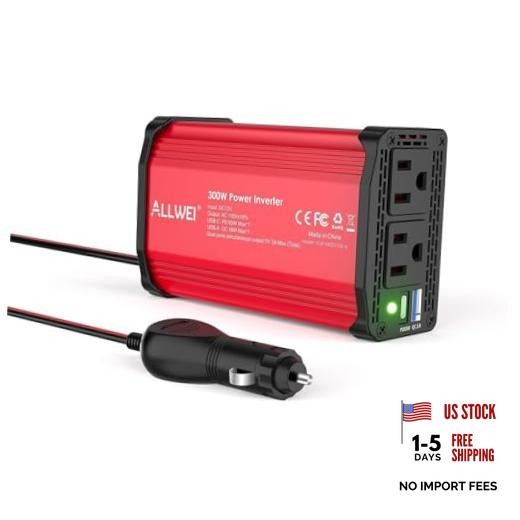 300W Car Power Inverter 12V DC to 110V AC Car Charging Adapter PD65W-Red