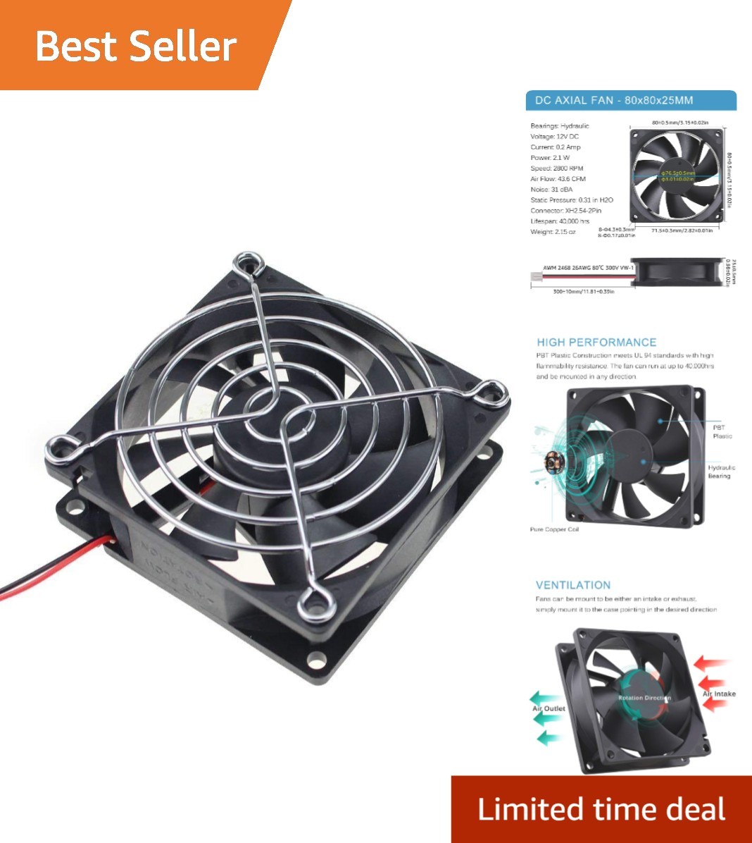 High Performance 80x80x25mm 12V Cooling Fan - Quiet Operation, Durable Design