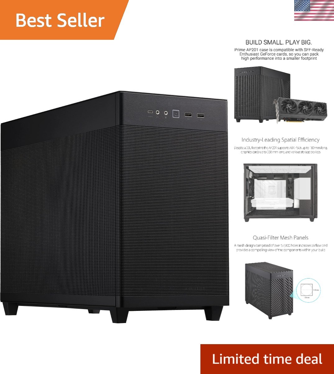 Stylish Prime AP201 Micro-ATX Case: Supports 338mm GPUs, Easy Cable Management